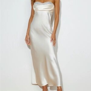 Hello Molly Strapless Satin Slip Dress in Ivory with Silver Trim